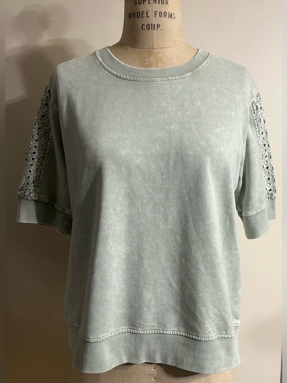 Jane + Delancey French Terry Acid Sage Wash Sleeve Lace Inset  Knit Top Size L
